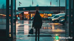 A stressed out woman walking out of the supermarket.
