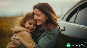woman hugging child in front of recently received free car