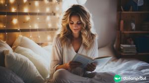 A woman sitting on her bed, reading a book.