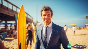 A man in a suit that is teaching surf lessons on the beach.
