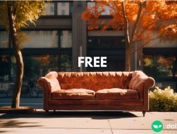 An orange brown couch sitting on a sidewalk with the word FREE floating above it.
