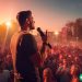 A young man giving a speech to a vast crowd in the late afternoon.