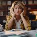 A middle aged woman sitting at her desk with her hands on her head, surrounded by an overwhelming amount of bills and debt.