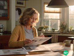 A middle aged woman clipping coupons out of the newspaper.