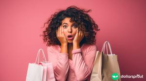 A woman holding shopping bags against a pink background. She has a distressed look on her face.