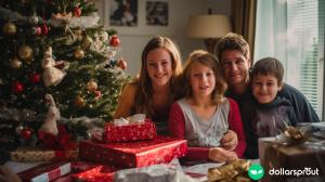A happy middle class family smiling in front of the tree on Christmas morning.