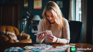 A woman going through her stash of old gift cards, figuring out which ones she wants to sell online.