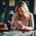 A woman going through her stash of old gift cards, figuring out which ones she wants to sell online.