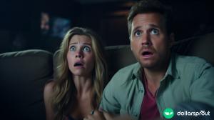 A young couple watching a scary movie together on the couch, with frightened looks on their faces.